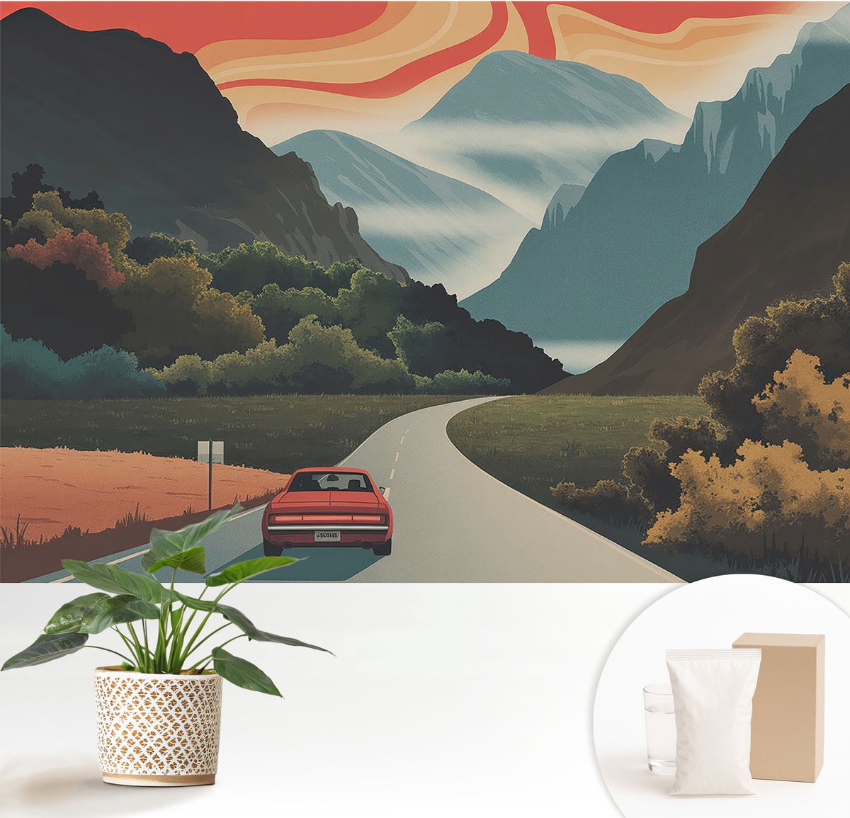 Wallfluent Fotobehang - Oranje Vliesbehang - 152x104 cm - Bergavontuur Muurschildering - Slaapkamer behang Landschappen - Fotobehang Vlies - Gang behang