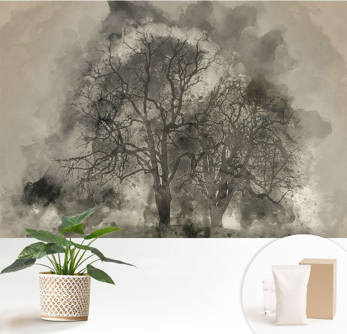 Wallfluent Fotobehang - Zwart Vliesbehang - 152x104 cm - Mysterieuze Bomen Muurschildering - Slaapkamer behang Bloemen En Planten - Fotobehang Vlies - Slaapkamer behang