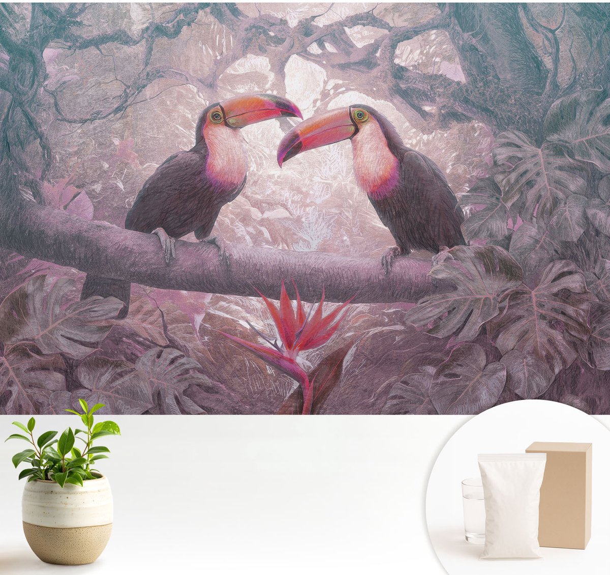 Wallfluent Fotobehang - Roze Vliesbehang - 104x70 cm - Exotisch Stel Fotobehang Vlies - Woonkamer behang Dieren - Muurschildering - Woonkamer behang