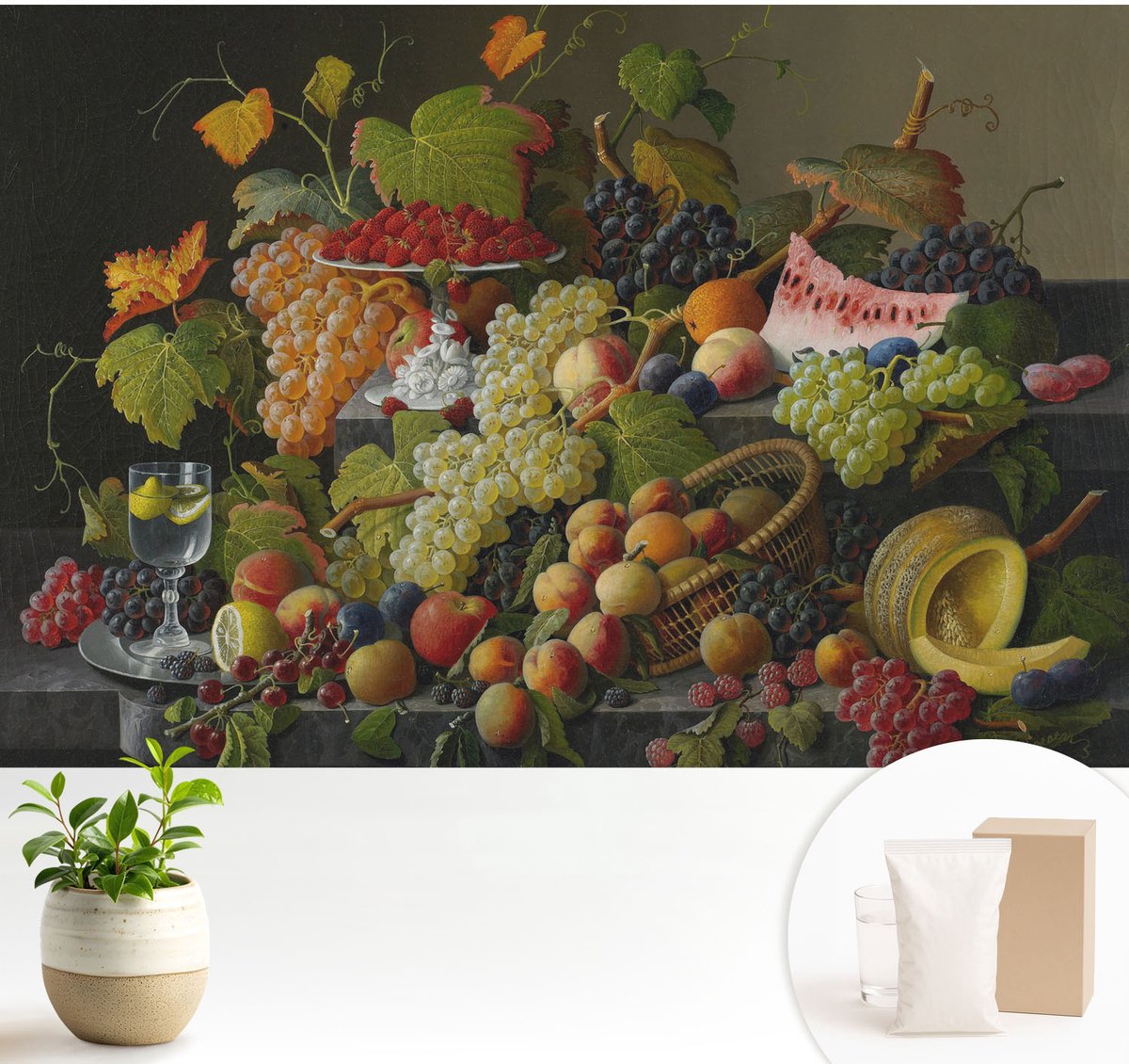 Wallfluent Fotobehang - Wit Vliesbehang - 104x70 cm - Fruitsamenstelling Fotobehang Vlies - Woonkamer behang Voedsel - Muurschildering - Woonkamer behang