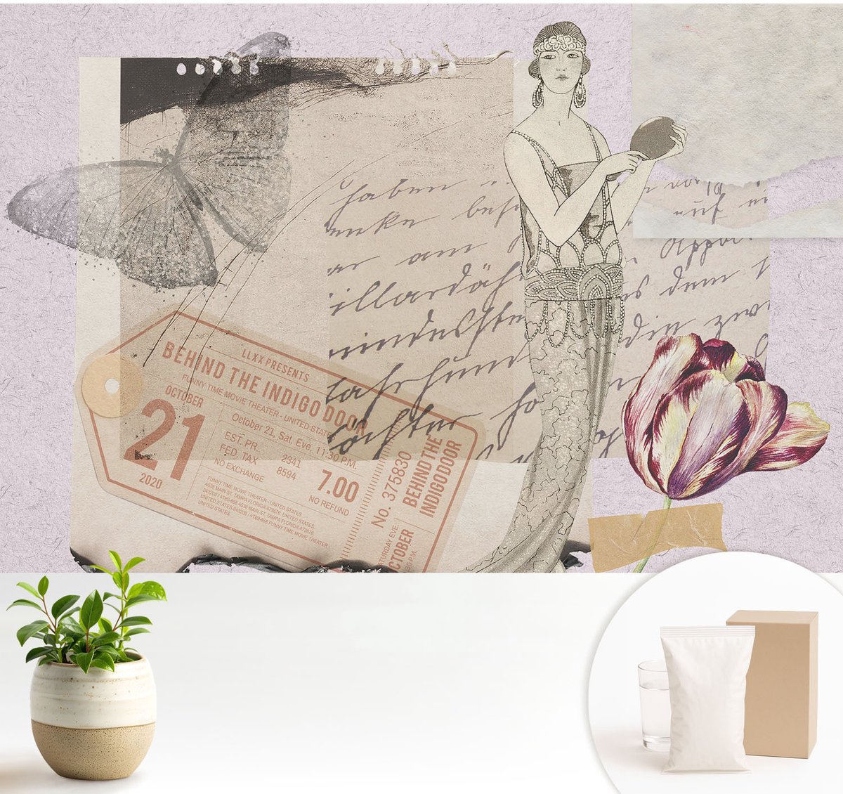 Wallfluent Fotobehang - Grijs Vliesbehang - 104x70 cm - Nostalgische Collage Fotobehang Vlies - Woonkamer behang Deel - Muurschildering - Hal behang