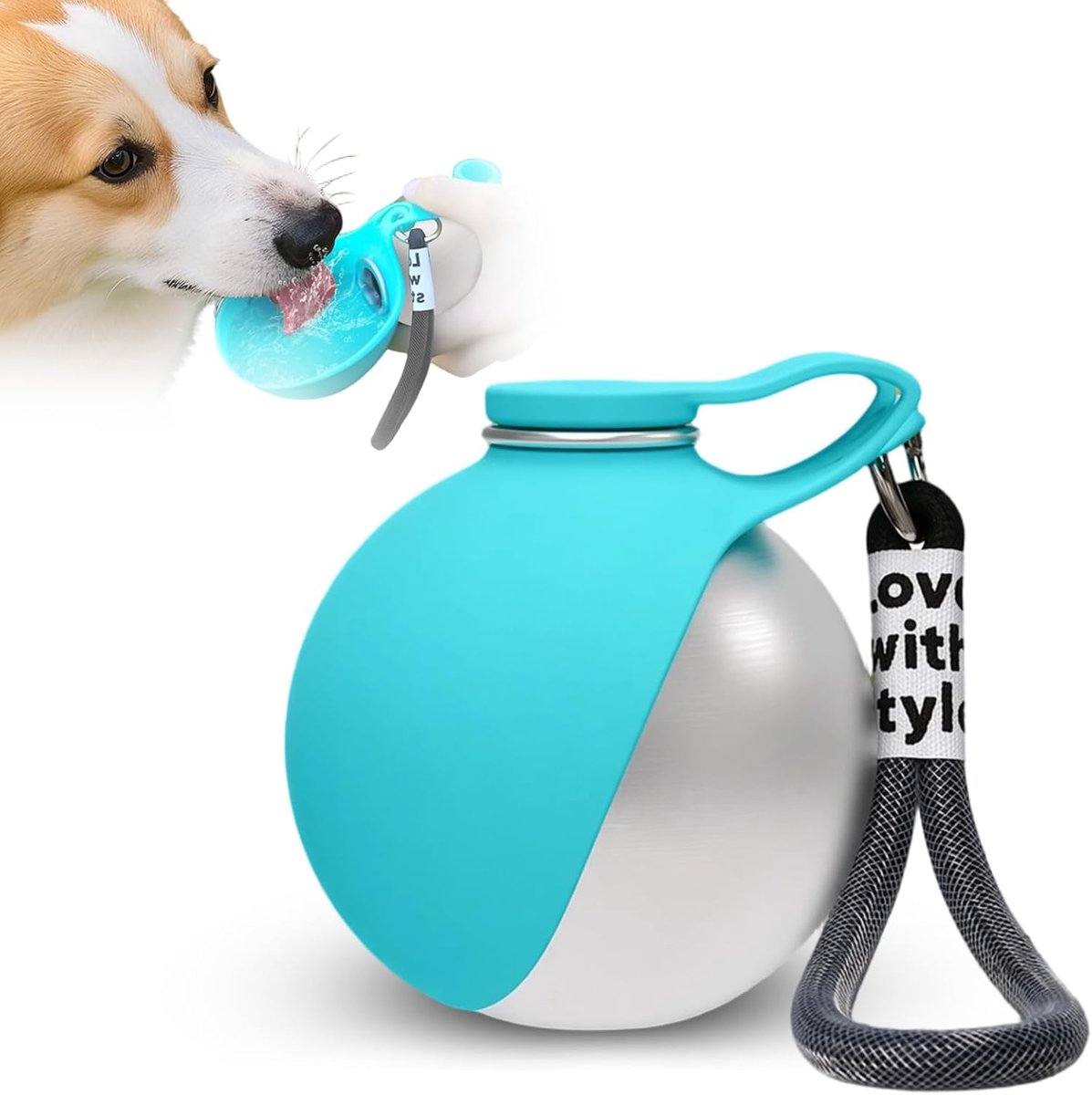 SnelShoppen - Drinkfles voor Honden 285 ml, Roestvrij Staal, Lekvrij, Opvouwbare Siliconen Bak, Karabijnhaak, Voor Kleine Honden en Katten, Wandelen,