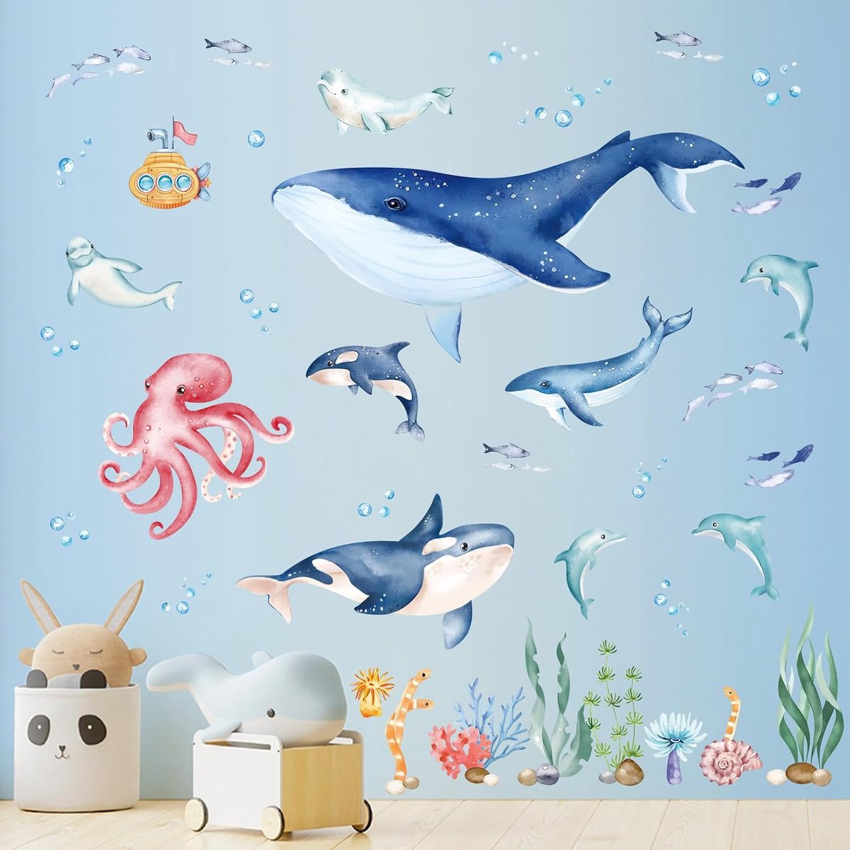 Wandstickers onder de zee - walvis, dolfijn en vissen - waterdicht en gemakkelijk aan te brengen - ShopVlot