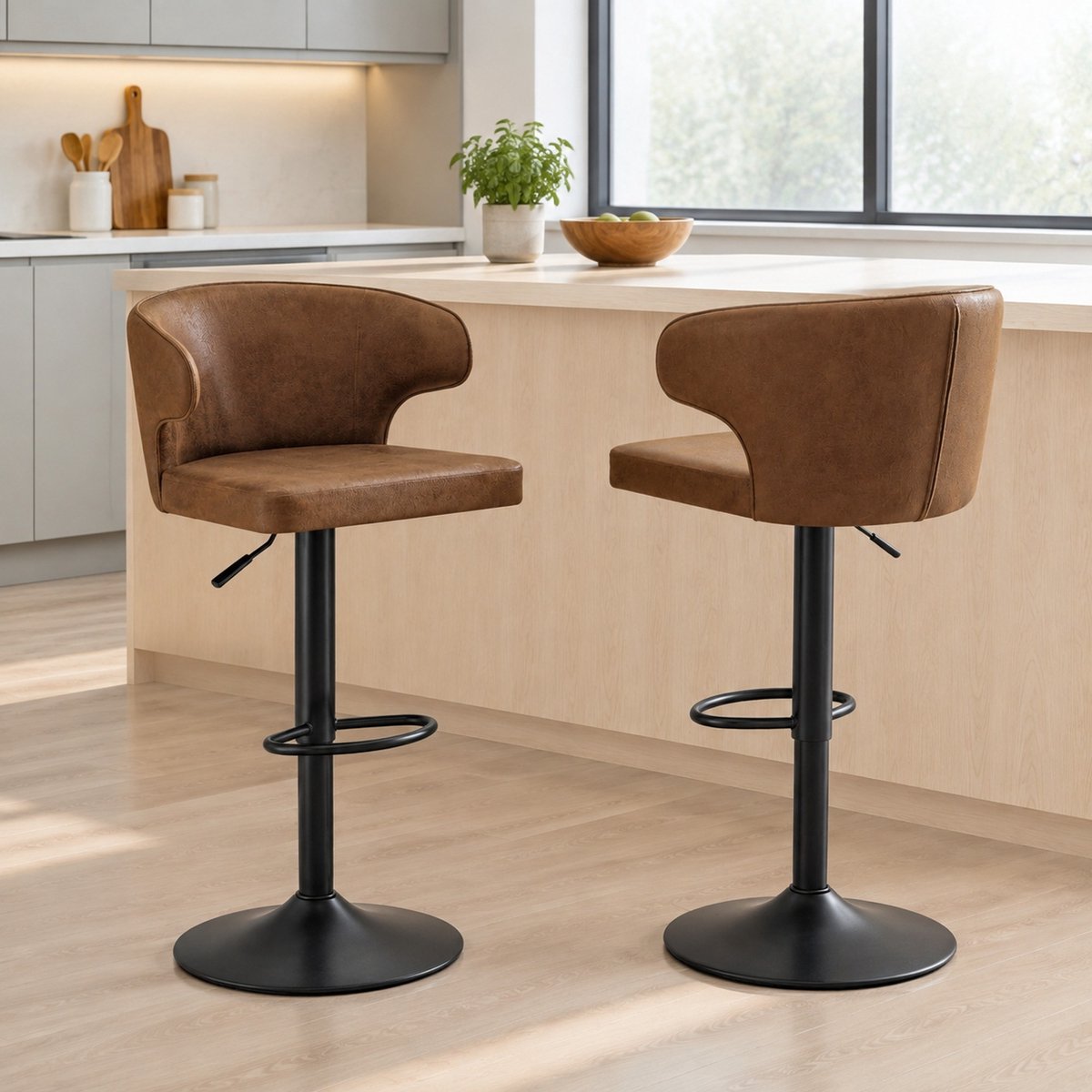 REDOM Barkruk set van 2 - In hoogte verstelbaar - 360° draaibaar met rugleuning en voetsteun - Stoffen zitting - Metaal onderstel - Bruin - 49,7 x 45 x 85-110 cm