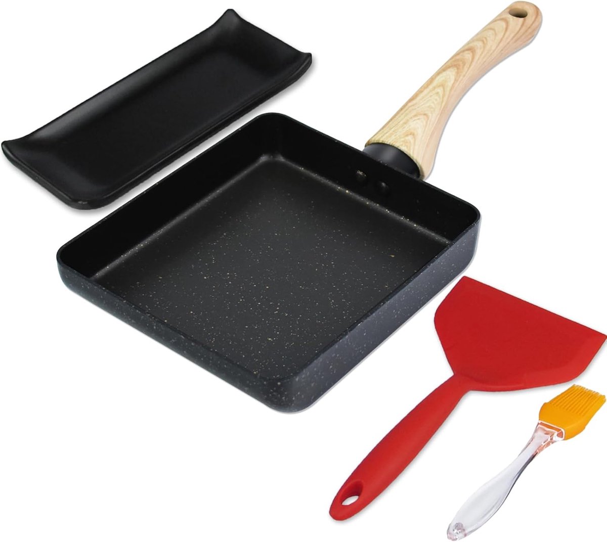 SnelShoppen - Japanese Omelette Pan 17.8x15.2 cm - Non-Stick Tamagoyaki Ei Pan met Silicone Spatel, Borstel, Zwart Bord en Magische Spons - Ideaal voo