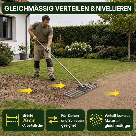 Egaliseerhark 76 x 25 cm met 213 cm Steel, Gazon Nivelleer Gereedschap voor Grond en Gras, Geschikt voor Zand, Aarde en Topdressing, Stevig en Duurzaam Tuingereedschap — afbeelding 4