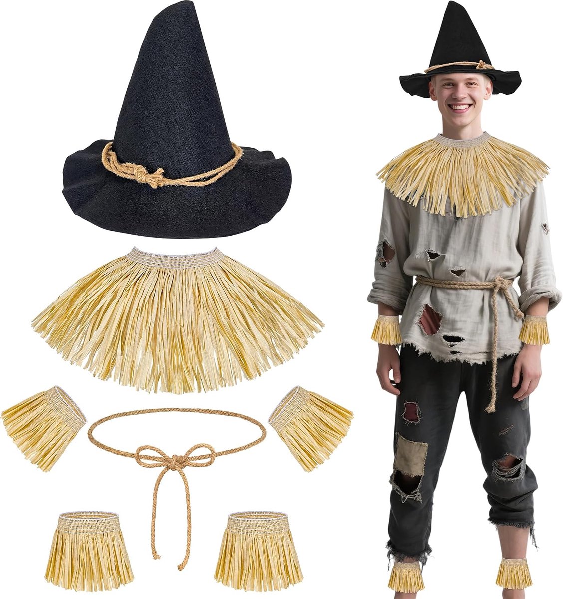7 stuks vogelverschrikker kostuum accessoires, stro set en vogelverschrikker hoed voor volwassenen voor World Book Day Cosplay Dress Up
