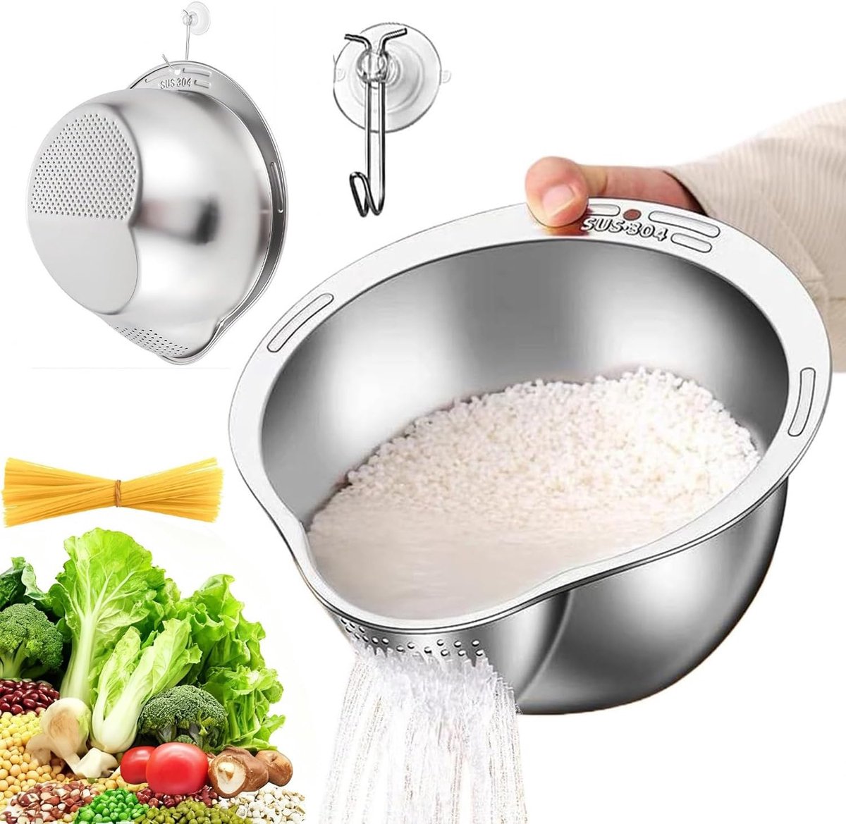 Rijstkom met keukenzeef, keukenzeef van 304 roestvrij staal, duurzame rijstzeef, pasta vergiet van levensmiddelenkwaliteit, kleine zeef voor quinoa, fruit, groenten