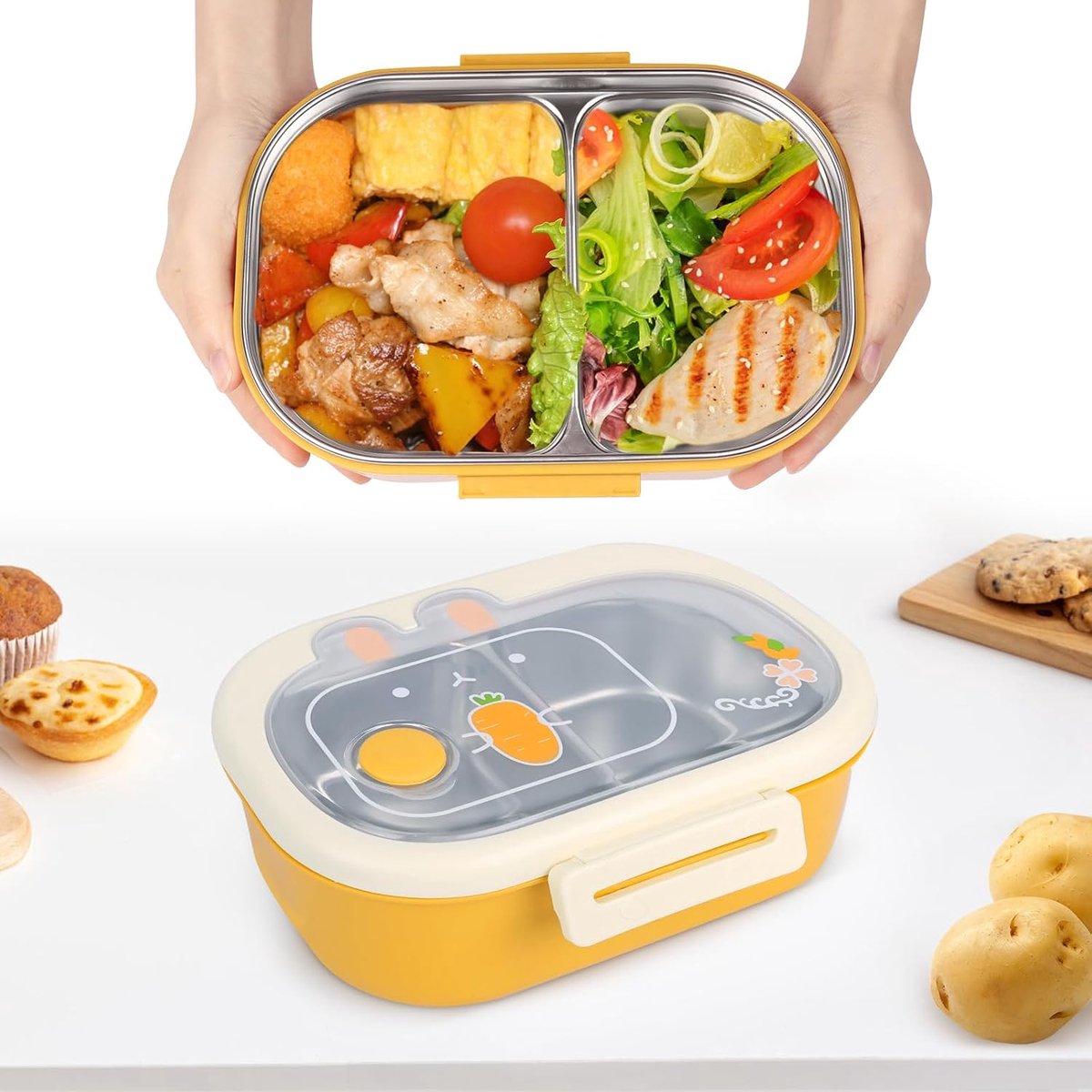 Roestvrij staal, lunchbox van roestvrij staal met 2 vakken, bento box, lekvrije broodtrommel voor kinderen en volwassenen, waterdicht, BPA-vrij en vaatwasmachinebestendig,