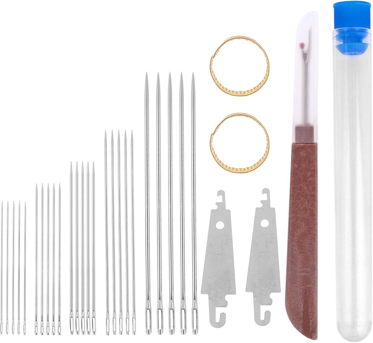 31 Stuks Grote Oog Naaldenset, 25 Stalen Handnaalden Draagbaar 2 Inrijgnaalden 2 Vingerhoeden & 1 Tornmesje voor Beginners & Knutselfans