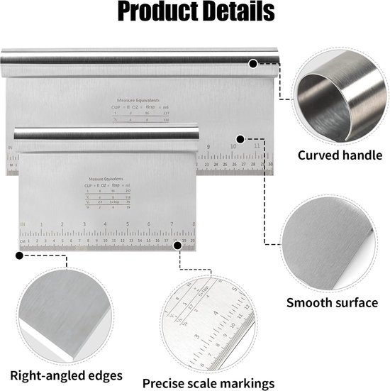 2 stuks deegschrapers van roestvrij staal, keukenspatel met meetschaal, 20/30 cm deegsnijder, anti-aanbak, deegkaart, roestvrij staal, groenteschep, keukenschraper voor deeg, fondant, brood — afbeelding 4