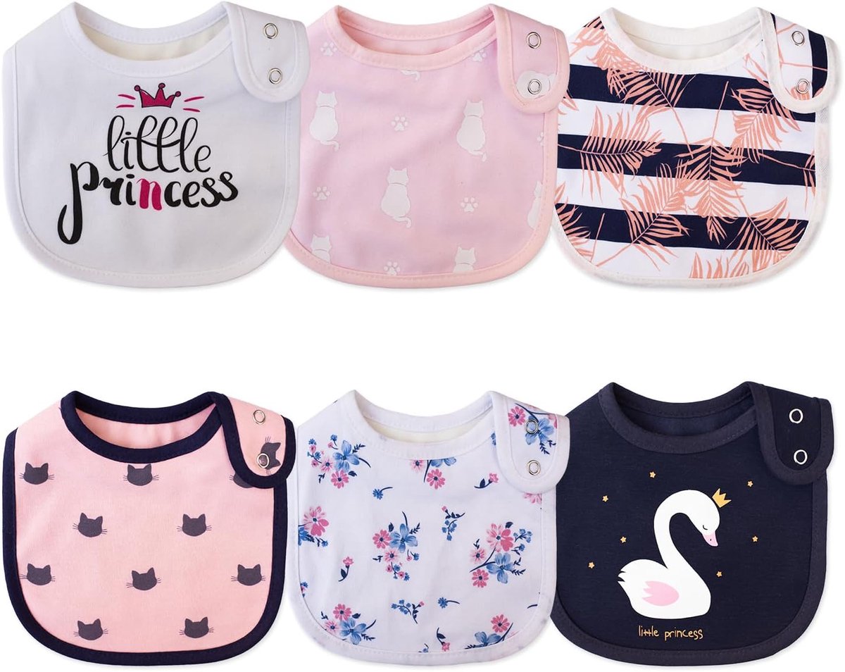 Set van 6 waterdichte katoenen dieren- en bloemenprints babyslabbetjes voor meisjes en jongens om te kwijlen eten met verstelbare knopen