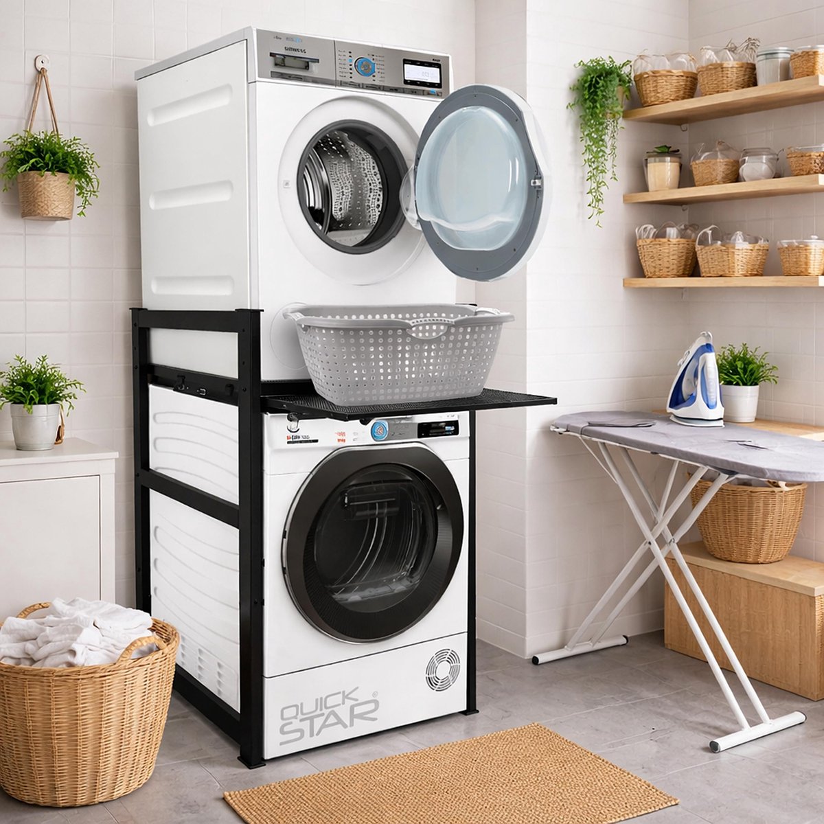 QUICK STAR Wasmachinekast, 74 x 65 x 111 cm, met uittrek, zwart, staand rek, droger, opbergorganizer, badkamer - ShopVlot