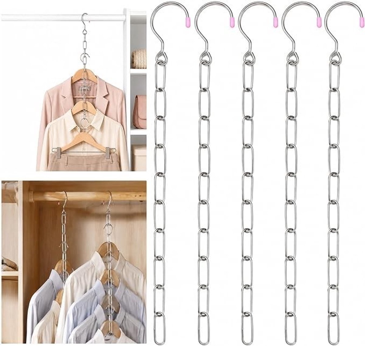 PolkaHome 5x RVS Kleerhangerketting met 10 Ringen - Ruimtebesparende Kledinghanger voor Kastorganisatie