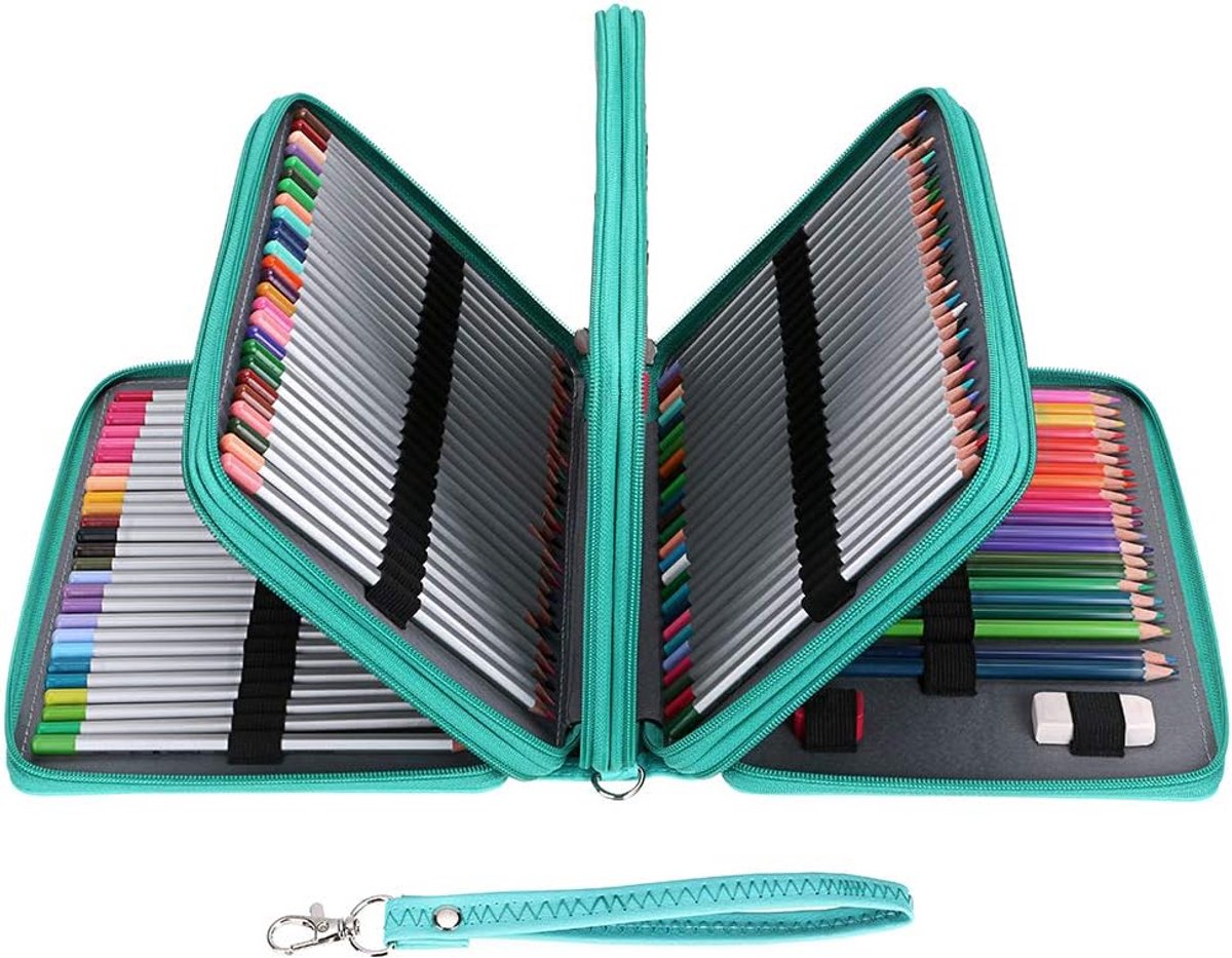 VHV- Grote Etui 4 Lagen - 28x20x8 cm - Multifunctionele Leren Pennenbak- Waterdicht Pencil Case - Voor School ,Kunstenaars -Groene