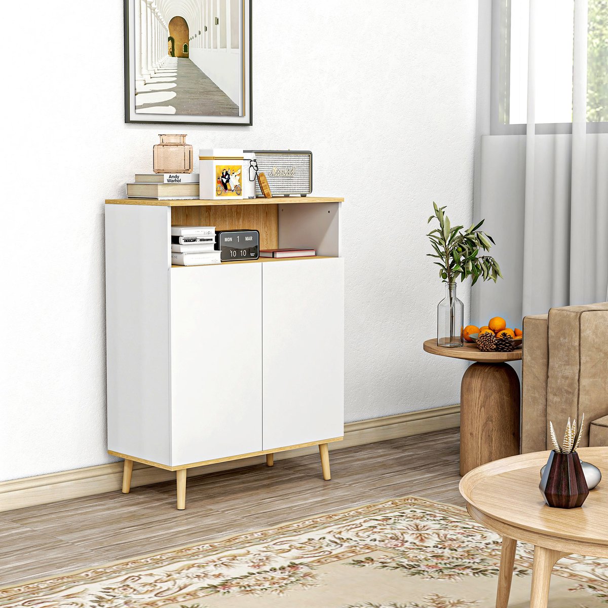 AURA LUMEN Buffetkast-Scandinavisch Buffetkast op poten-wit met houtnerf-2 deuren en binnenplank