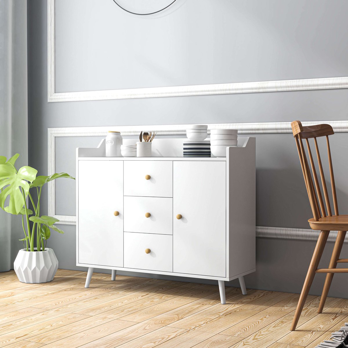 AURA LUMEN Buffetkast-Buffet Moderne Blanc avec 2 Portes-3 Tiroirs et Pieds en Bois Massif-90 x 32 x 80 cm Wit