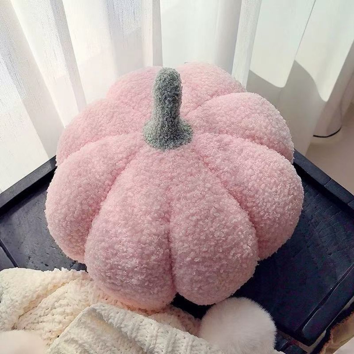 Schattig Pompoen Pluche Kussen‑Rugkussen voor Woonkamer en Raambank‑Slaapkamer Decoratie Pop, 35 cm Roze