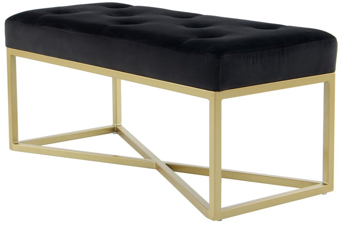 Padiro zitbank 90 x 40 x 40 cm - zwart en goudkleurig - fluweel - sierknopen en geometrisch metalen frame