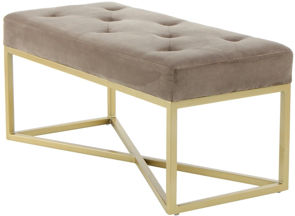 Padiro zitbank 90 x 40 x 40 cm - taupe en goudkleurig - fluweel - sierknopen en geometrisch metalen frame
