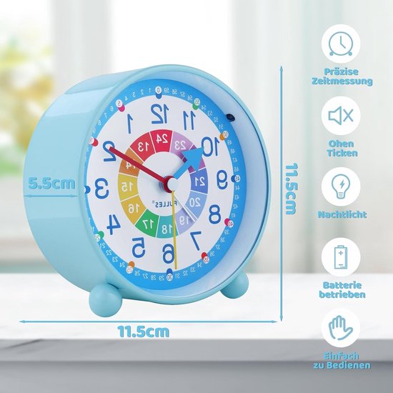 Kinderwekker Analoog - Stille Wekker - Tijd Leren - Zonder Tikken Nachtlampje - 11.5 cm Doorsnee - Blauw — afbeelding 4