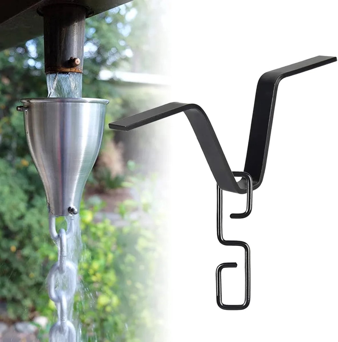 Regenkettingadapter Geschikt voor dakgoten van alle maten | Zwarte V-vormige regenkettingadapter Geschikt voor S-vormige haak en stevige zwarte kettingclip.