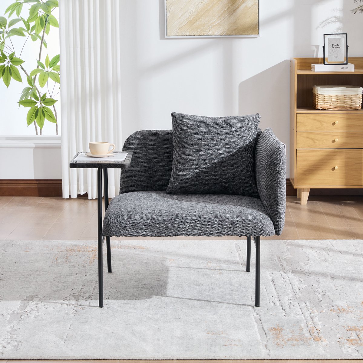 MODFU - Fauteuil - Met Zijtafel - Donkergrijs - Chenille - Metaal
