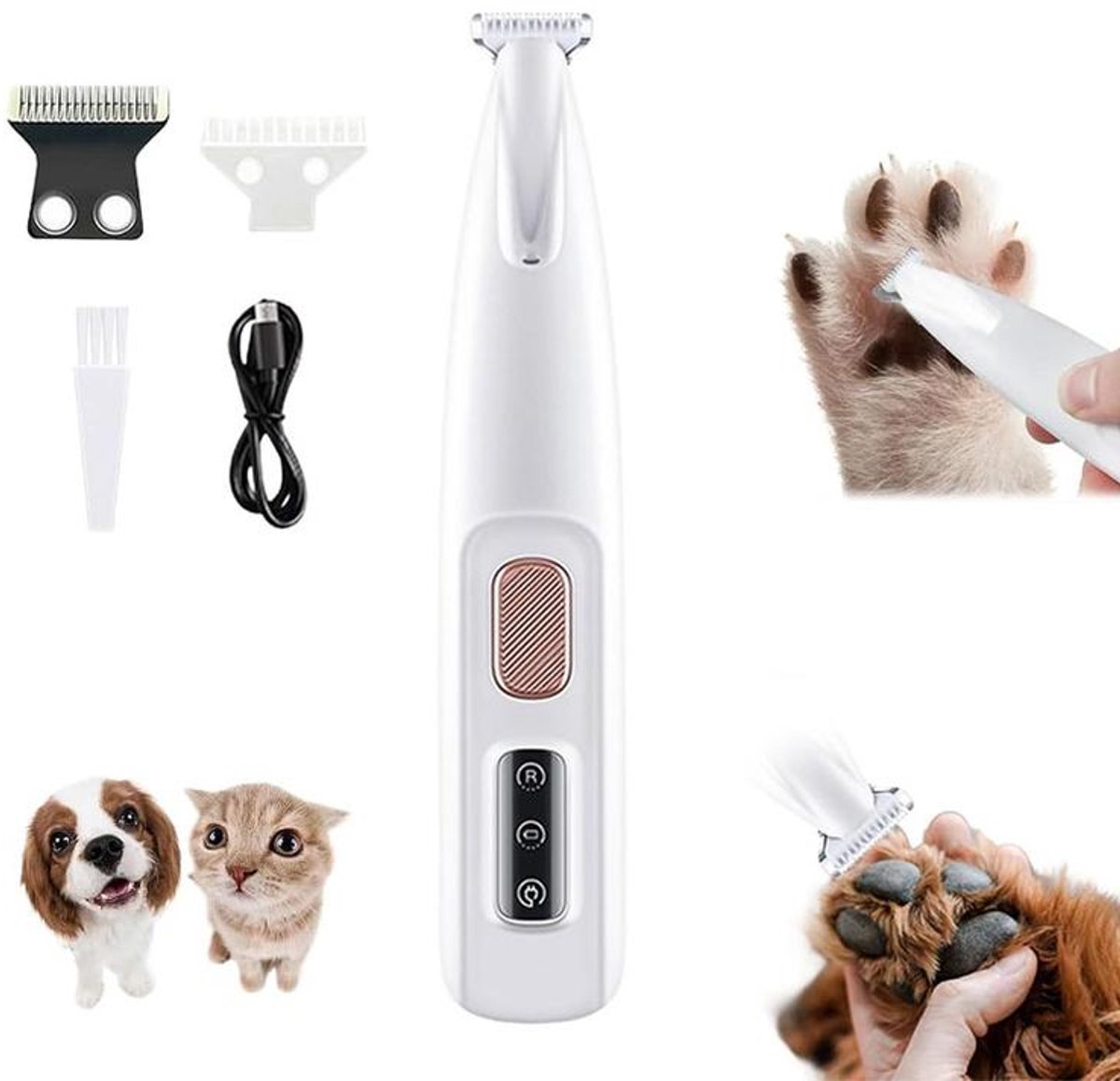 KZQ Trimmer voor huisdieren – Precisietrimmer – Geluidsarme precisietrimmer voor poten – Met ledverlichting – Inclusief accessoires – Oplaadbaar – Wit