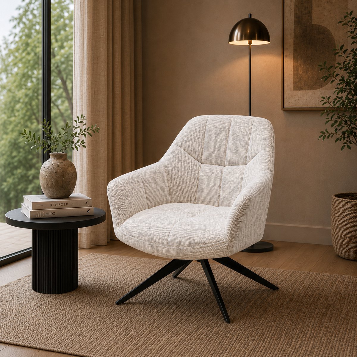 Fauteuil Amy – Luxe Draaibare Loungestoel – Polyester Stof – 360° Draaibaar - Beige