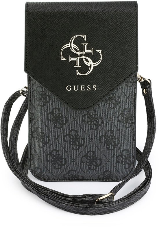 Zwarte Guess telefoonportemonnee met 4G & Classic logo's in reliëf en een verstelbare schouderband.