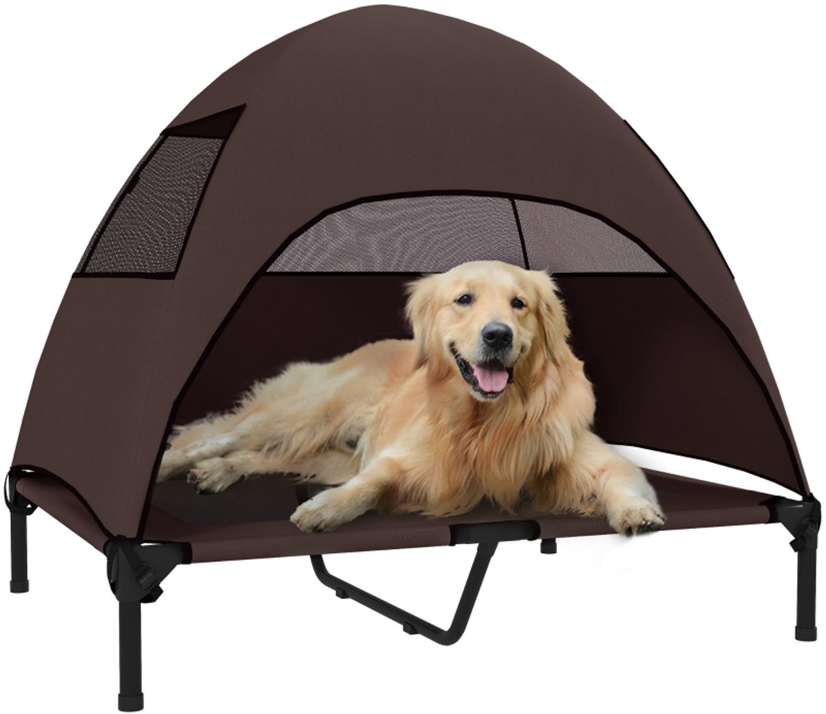 REDOM - Stretcher voor dieren - Hoog hondenbed met dak - Afneembaar dak - Gaasvensters - Voor middelgrote en grote honden - Polyester - Koffie - 91 x 76 x 90 cm