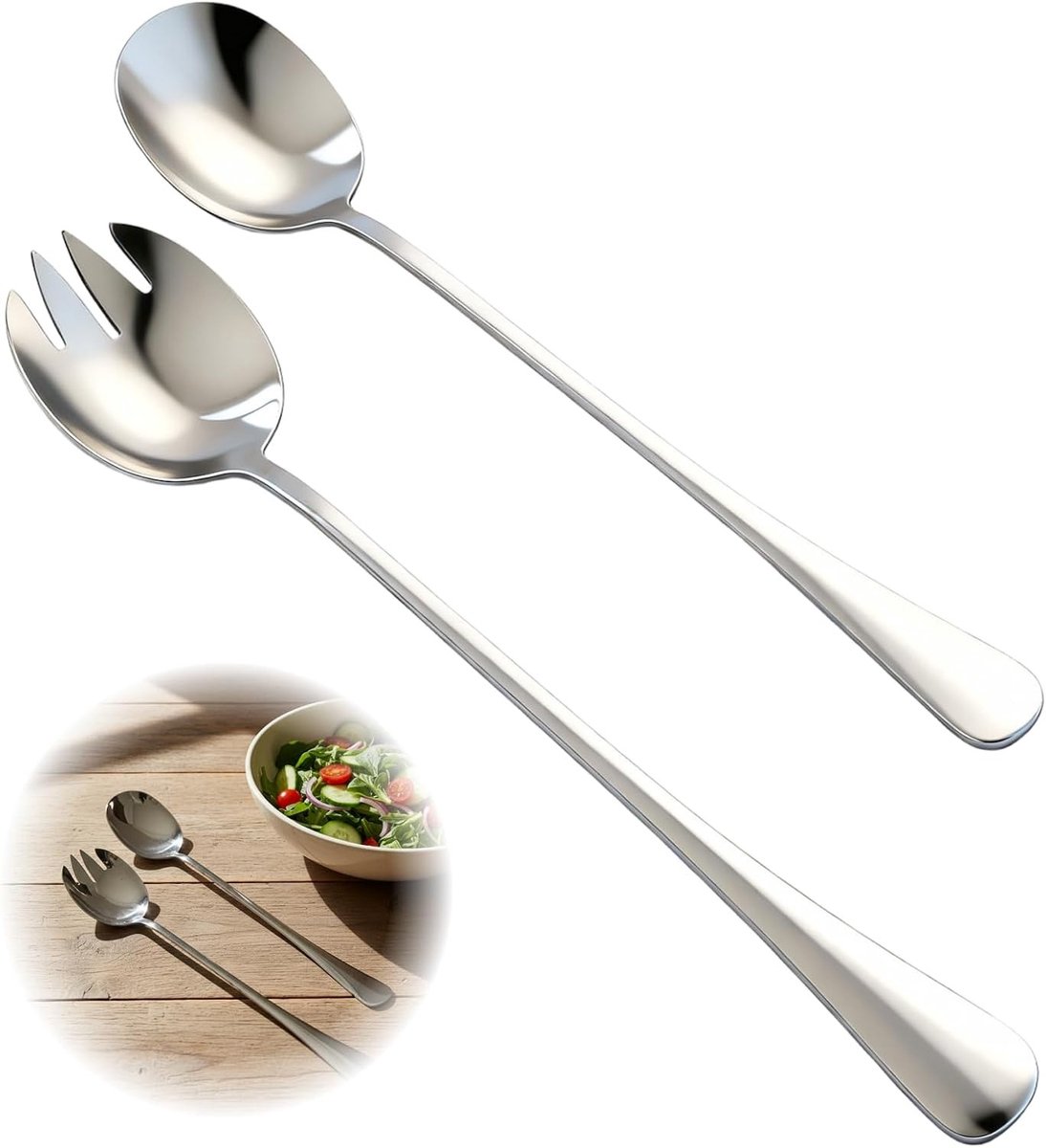 Set van 2 RVS Saladeschalen met Serveerlepel en Saladevork, Ideaal voor Gezinnen en Catering, Perfect voor Buffetten en Feestjes