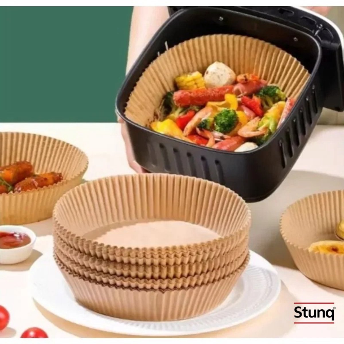 Stunq® Airfryer bakpapier extra groot - wegwerp voering - antiaanbaklaag - voor 3-6L airfryers