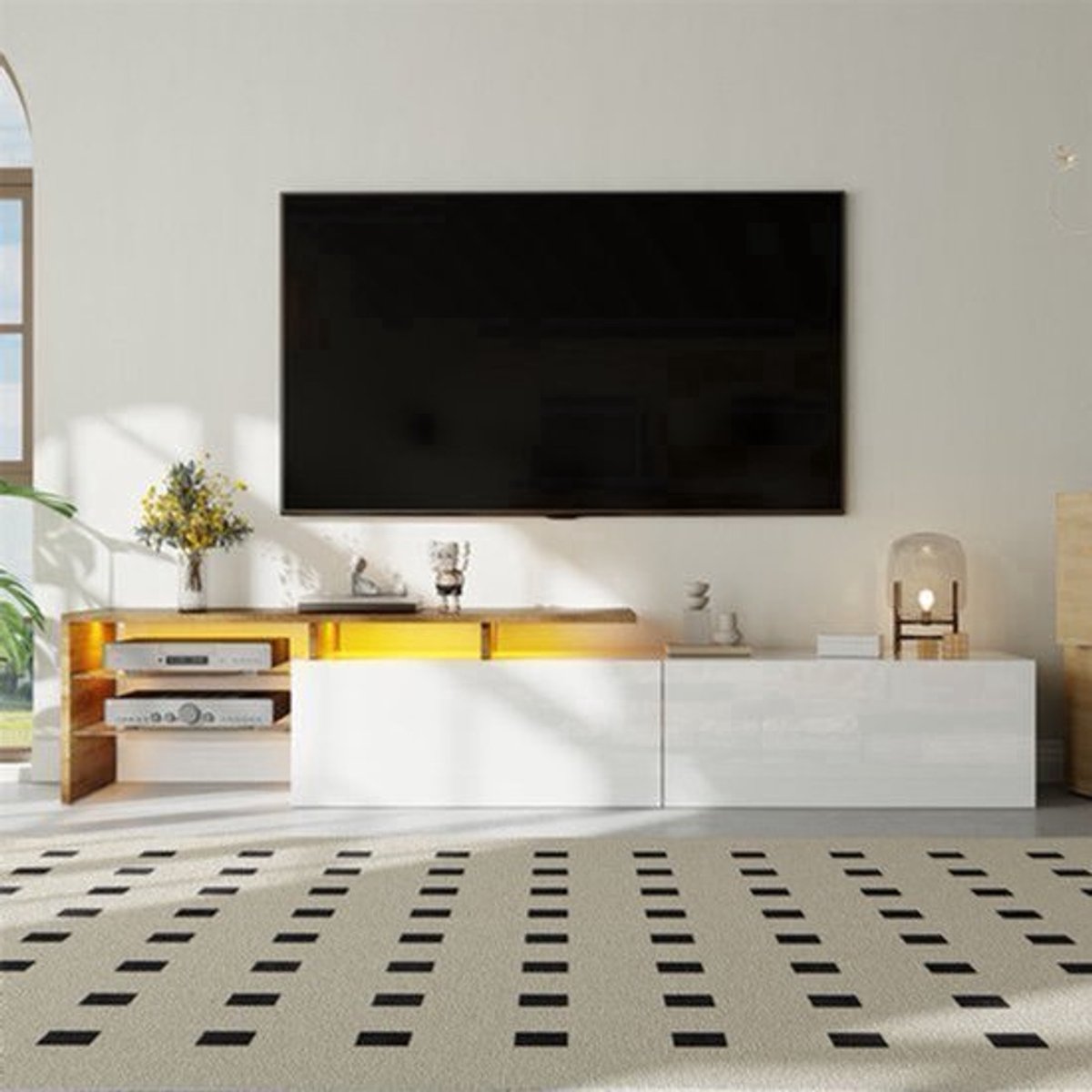Tv-meubel – TV-kast – TV-meubelkast – TV-standaard – TV-dressoir – Hoogglans wit – Glazen legplanken – Duurzaam niet-hout – Veel opbergruimte