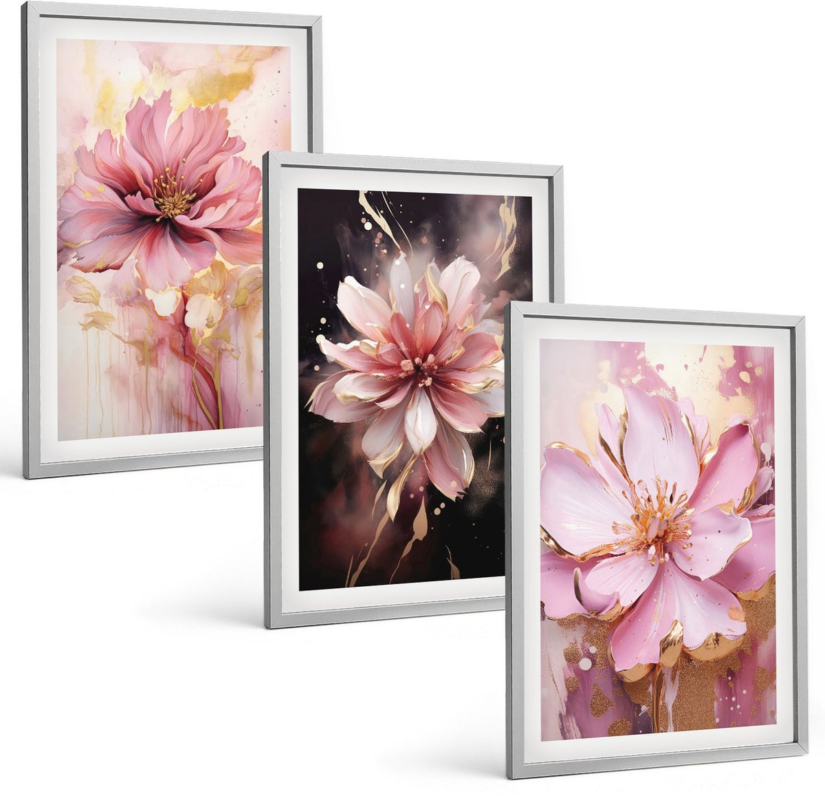 Coloray 3-Delige Schilderij Set - Bloemencomposities In Roze En Witte Tinten. - 40 x 60 cm - Wanddecoratie - Schilderijen Set - Interieur - Muurdecoratie