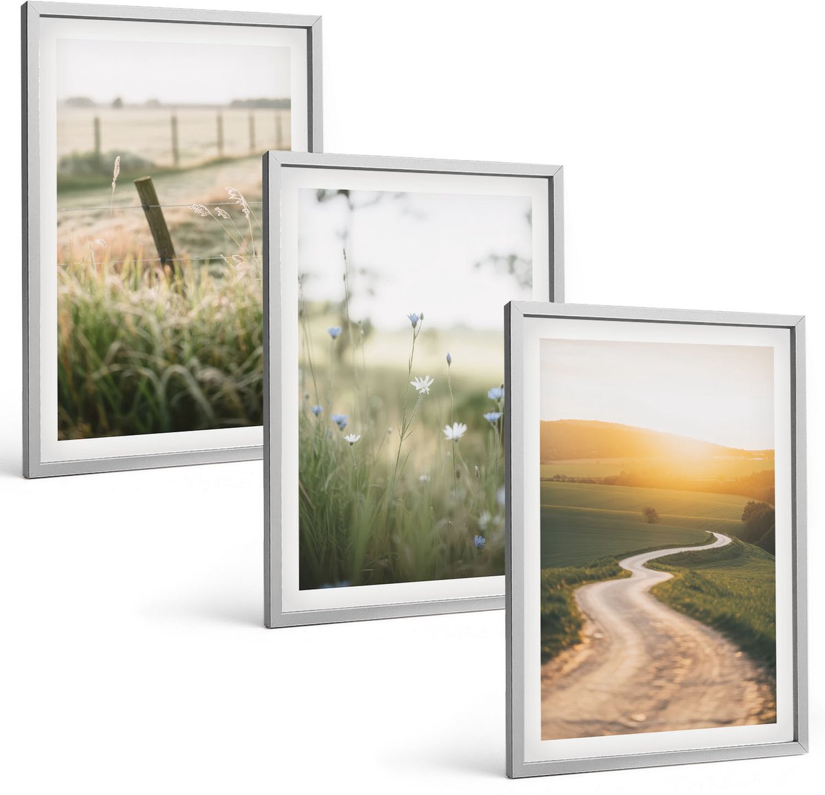 Coloray 3-Delige Schilderij Set - Landschap Met Een Weide, Een Weg En Een Zonsondergang. - 40 x 60 cm - Moderne Wanddecoratie - Woonkamer