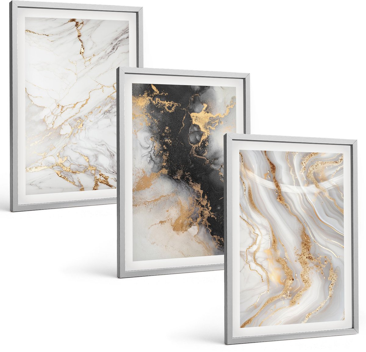 Coloray 3-Delige Schilderij Set - Abstracte Patronen In Zwart-Wit Tinten - 40 x 60 cm - Wanddecoratie - Schilderijen Set - Interieur - Woonkamer Decoratie Zilveren lijst