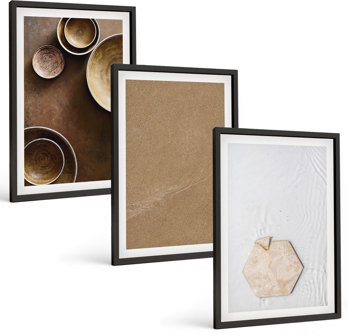 Coloray 3-Delige Schilderij Set - Minimalistische Texturen In Warme Kleuren - 40 x 60 cm - Wanddecoratie - Moderne Interieurdecoratie - Moderne Wanddecoratie Zwarte lijst