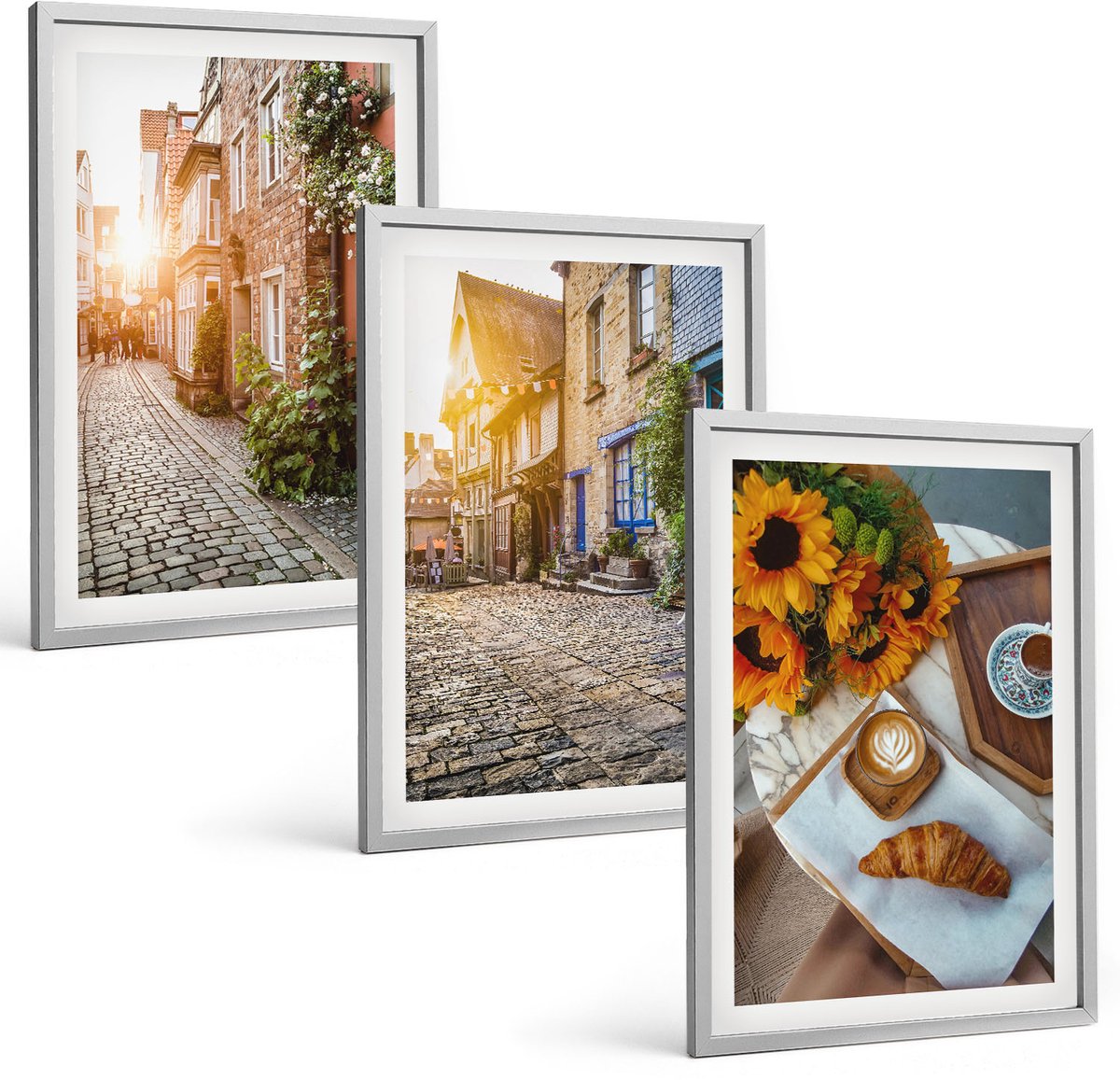 Coloray 3-Delige Schilderij Set - Sfeervolle Straatjes Met Koffie En Zonnebloemen - 40 x 60 cm - Decoratieve Schilderijen - Woonkamer - Interieur - Stijlvolle Muurdecoratie