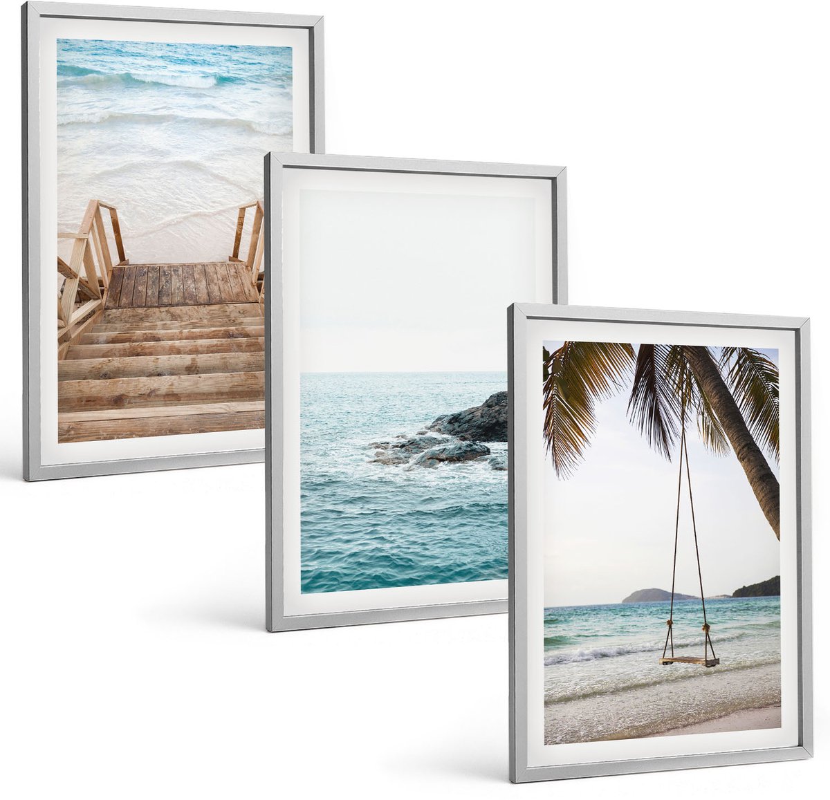 Coloray 3-Delige Schilderij Set - Trap Naar Het Strand, Uitzicht Op Zee En Schommel In Een Palmboom - 40 x 60 cm - Decoratieve Schilderijen - Woonkamer - Interieur - Moderne Wanddecoratie