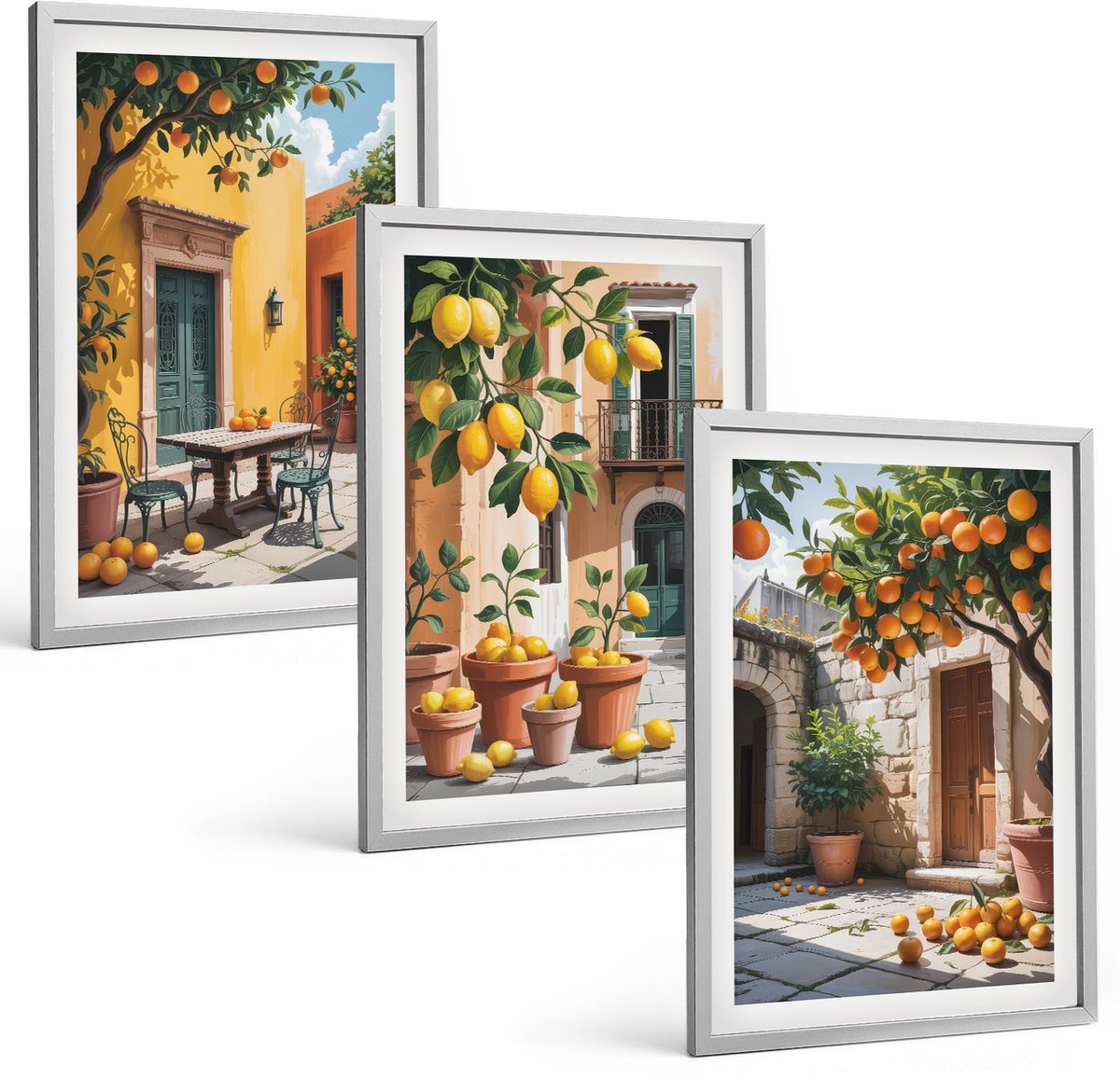 Coloray 3-Delige Schilderij Set - Citrusvruchten In Een Zonnige Tuinscène - 40 x 60 cm - Schilderijen Set - Wanddecoratie - Woonkamer - Decoratieve Schilderijen