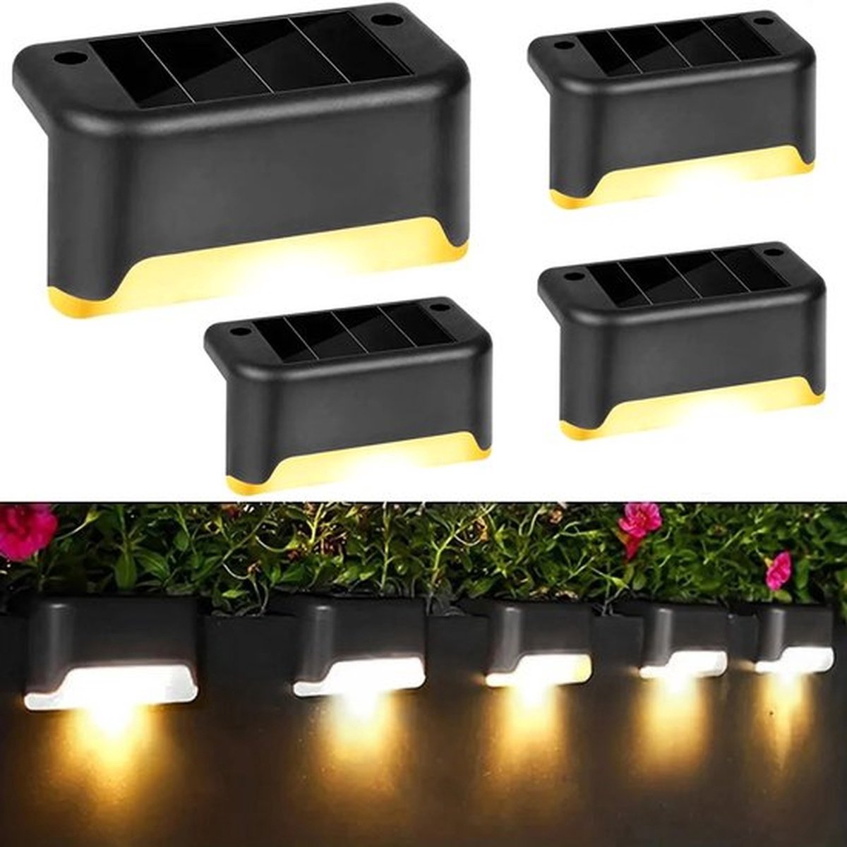 4 Solar trapverlichting, Solar verlichting, Terrasverlichting, Waterdichte LED-zonnelampen voor buitentrappen, schuttingen, tuin, terras, veranda (4 stuks, zwart)