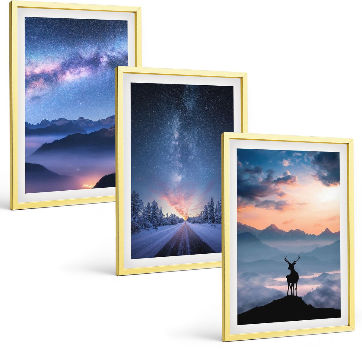 Coloray 3-Delige Schilderij Set - Uitzicht Op De Bergen Met Meren, Boten, Een Brug En Een Waterval. - 40 x 40 cm En 40 x 60 cm - Wanddecoratie - Woonkamer Decoratie - Interieur Decoratie