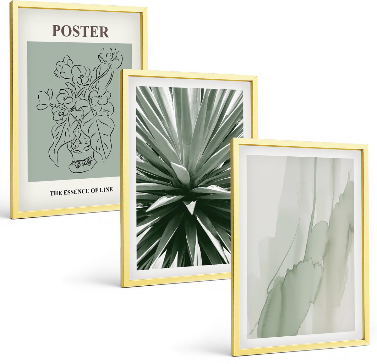Coloray 3-Delige Schilderij Set - Plantenpatronen In Tinten Groen En Beige - 40 x 40 cm En 40 x 60 cm - Muurdecoratie - Wanddecoratie - Slaapkamer - Woonkamer Decoratie