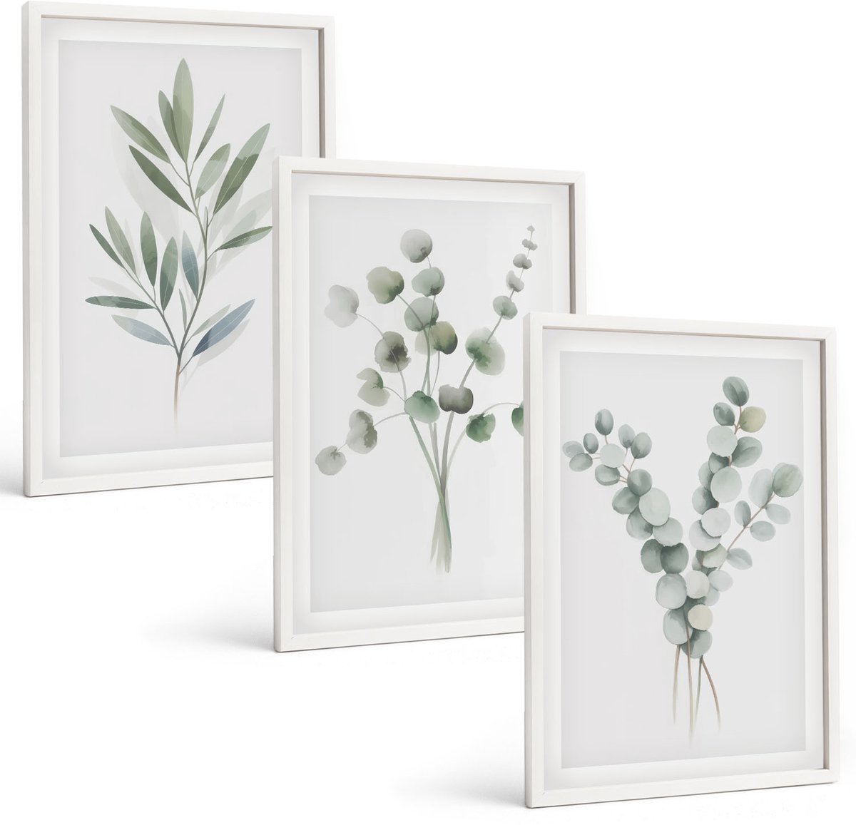 Coloray 3-Delige Schilderij Set - Plantenpatronen In Tinten Groen En Grijs - 40 x 60 - Wanddecoratie - Muurdecoratie - Moderne Interieurdecoratie - Interieur Decoratie