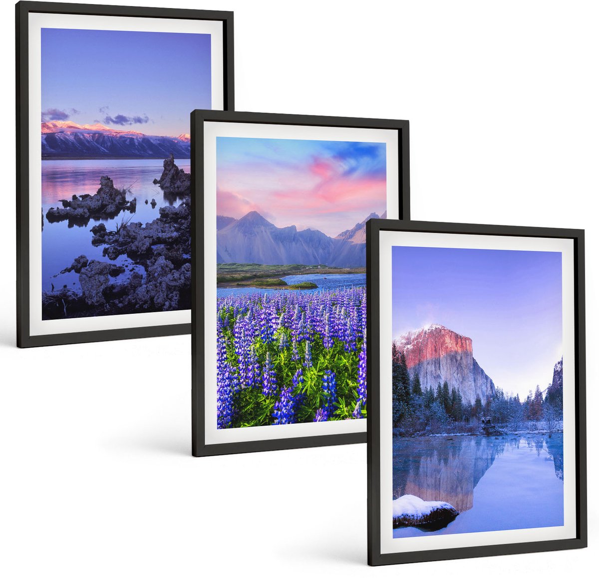 Coloray 3-Delige Schilderij Set - Berglandschappen Met Water, Lucht En Bloemenvelden - 40 x 60 cm - Wanddecoratie - Schilderijen Set - Kantoor - Moderne Wanddecoratie