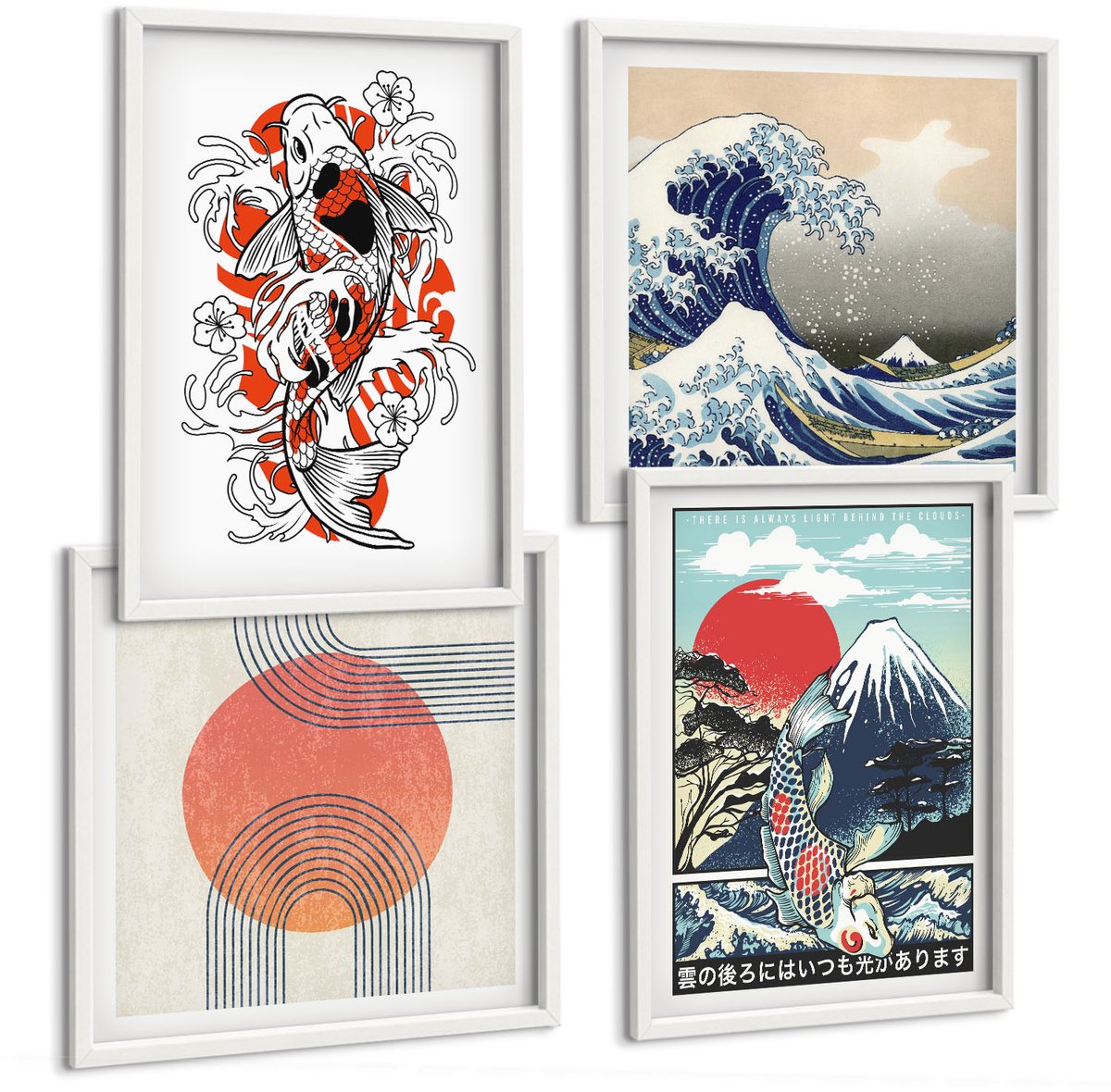 Coloray 4-Delige Schilderij Set - Illustraties Van De Visbergen En De Grote Golf Voor De Kust Van Kanagawa In Japanse Stijl. - 40 x 40 En 40 x 60 - Wanddecoratie - Schilderijen Set - Interieur - Stijlvolle Muurdecoratie
