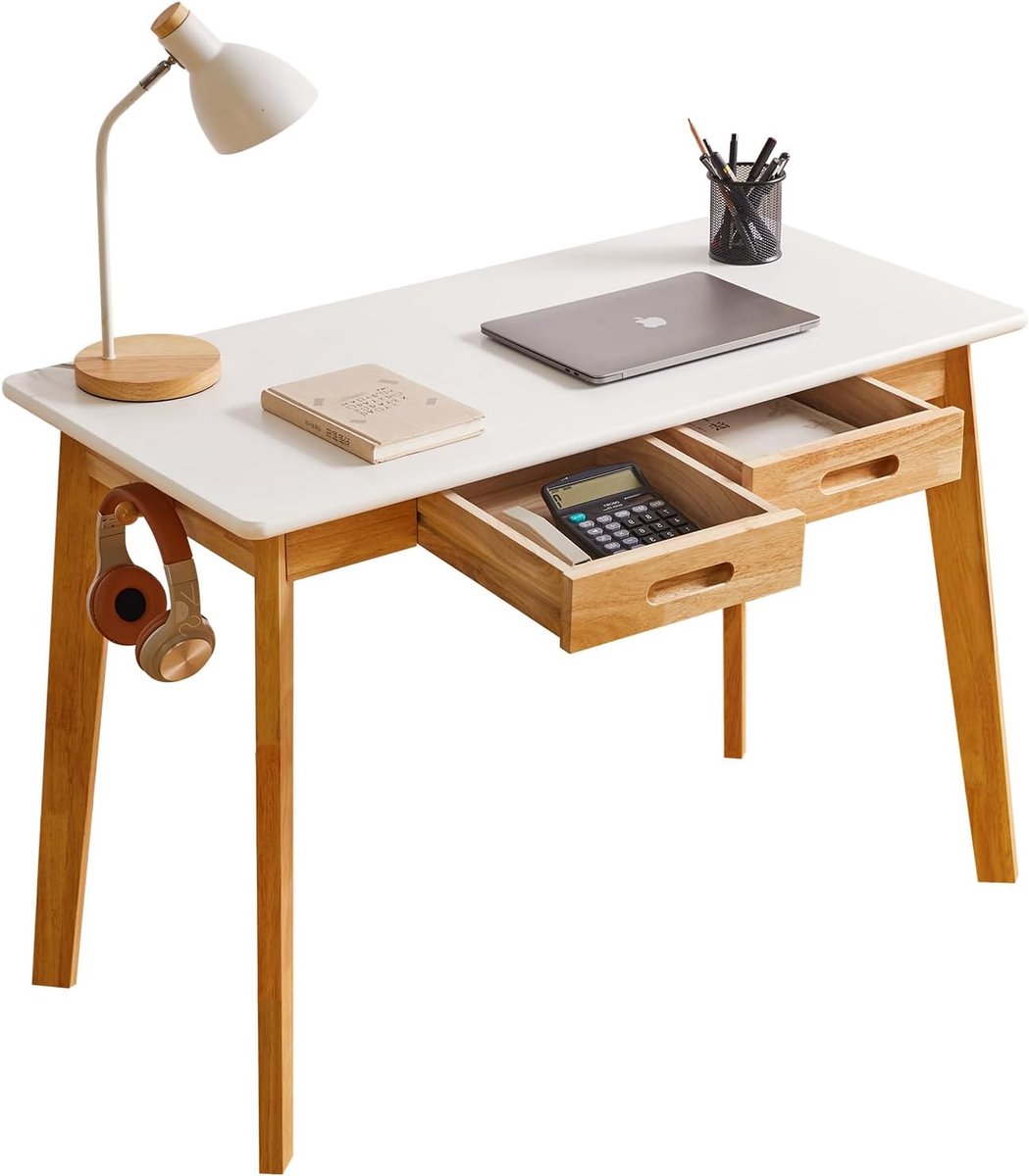 Kleine Computertafel, Houten Schrijfbureau met Lade en Hangende Staaf, 39x20x30inch Studiebureau, Werkbureau, Houten Eettafel Wit + Natuurlijke Houten Poten YD-WD01WN