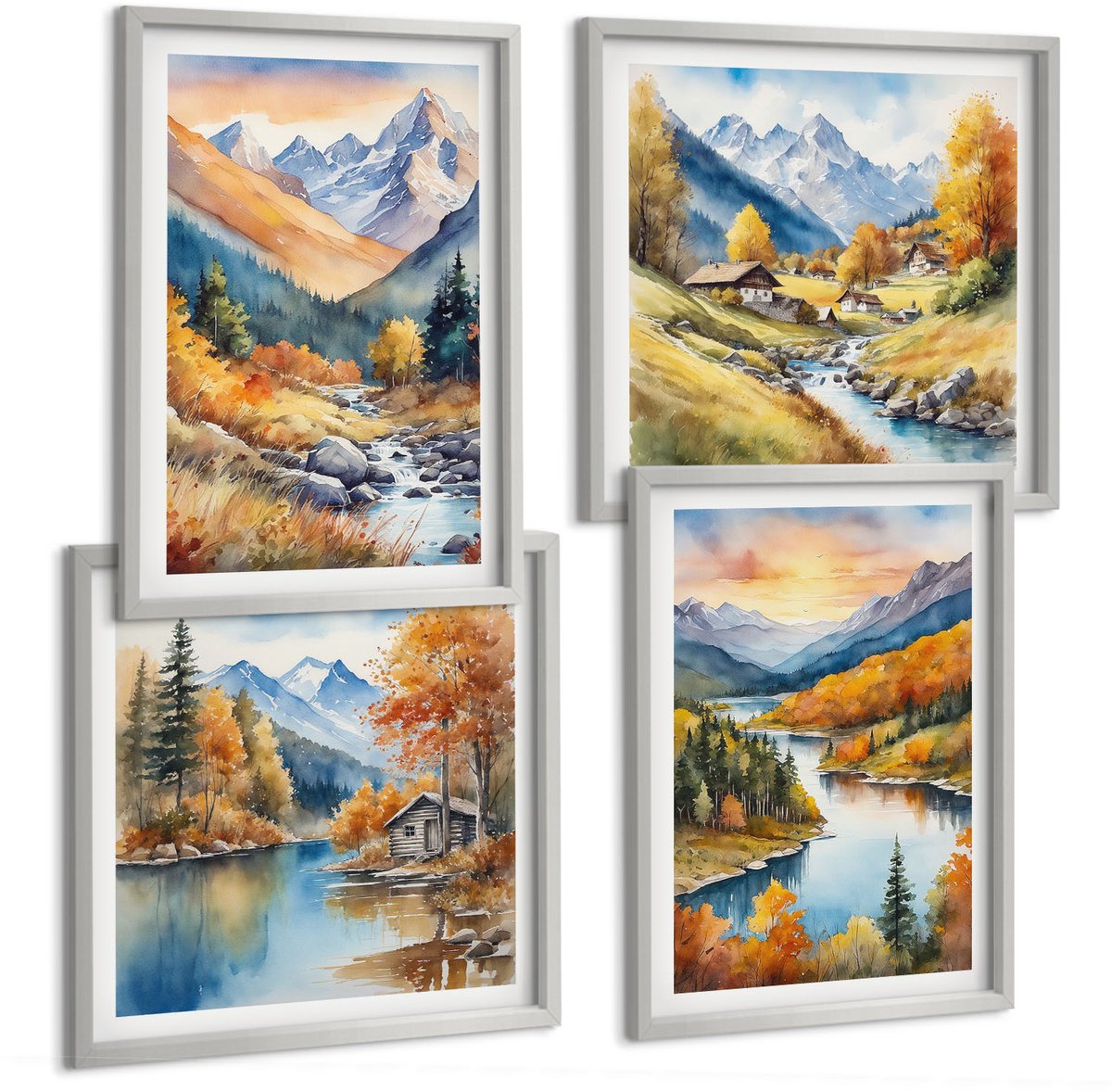 Coloray 4-Delige Schilderij Set - Berglandschap Met Een Rivier En Herfstbomen - 40 x 40 cm En 40 x 60 cm - Wanddecoratie - Muurdecoratie - Woonkamer - Decoratieve Schilderijen