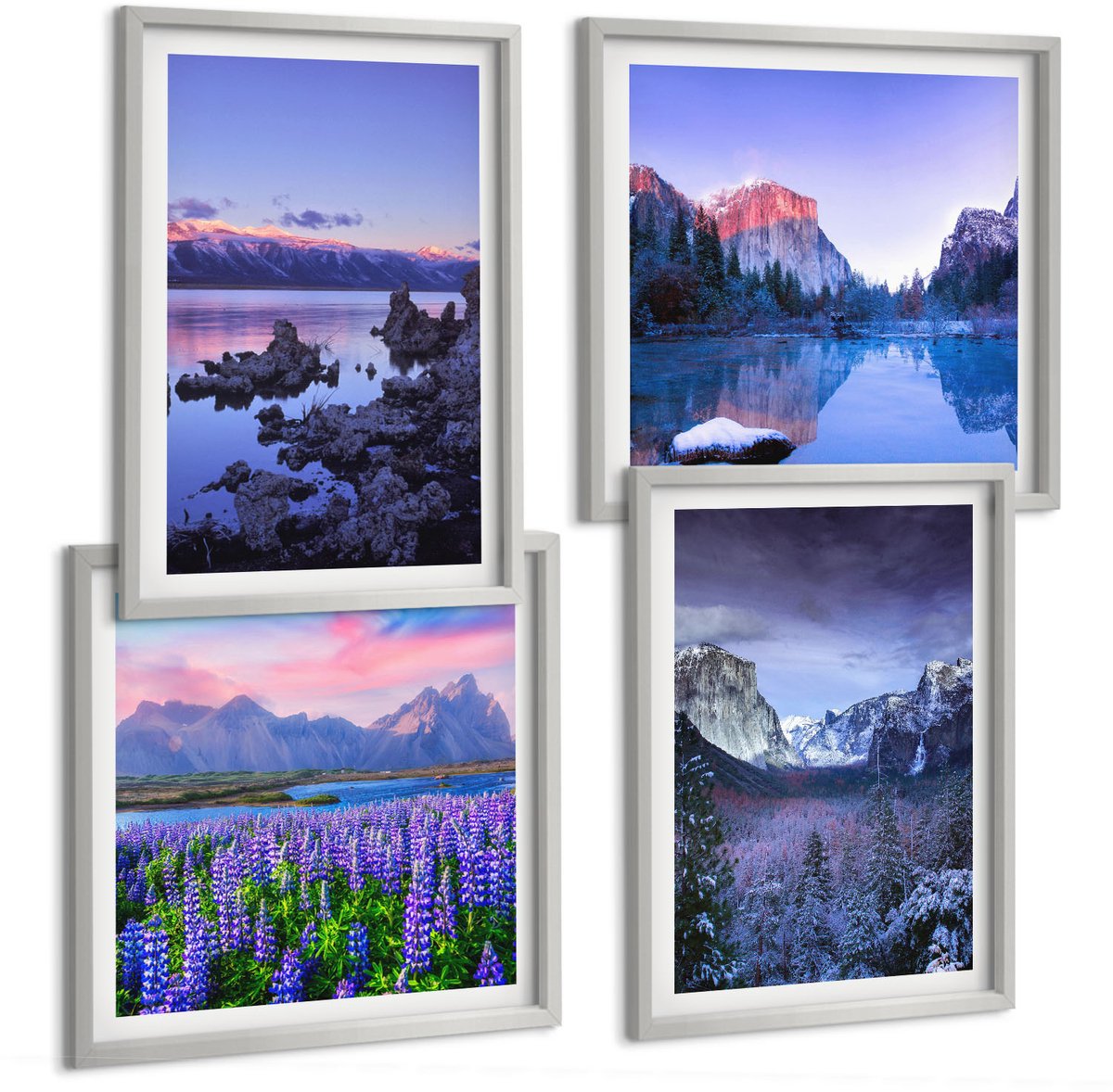 Coloray 4-Delige Schilderij Set - Berglandschappen Met Water, Lucht En Bloemenvelden - 40 x 40 cm En 40 x 60 cm - Stijlvolle Wanddecoratie - Interieur - Woonkamer Decoratie